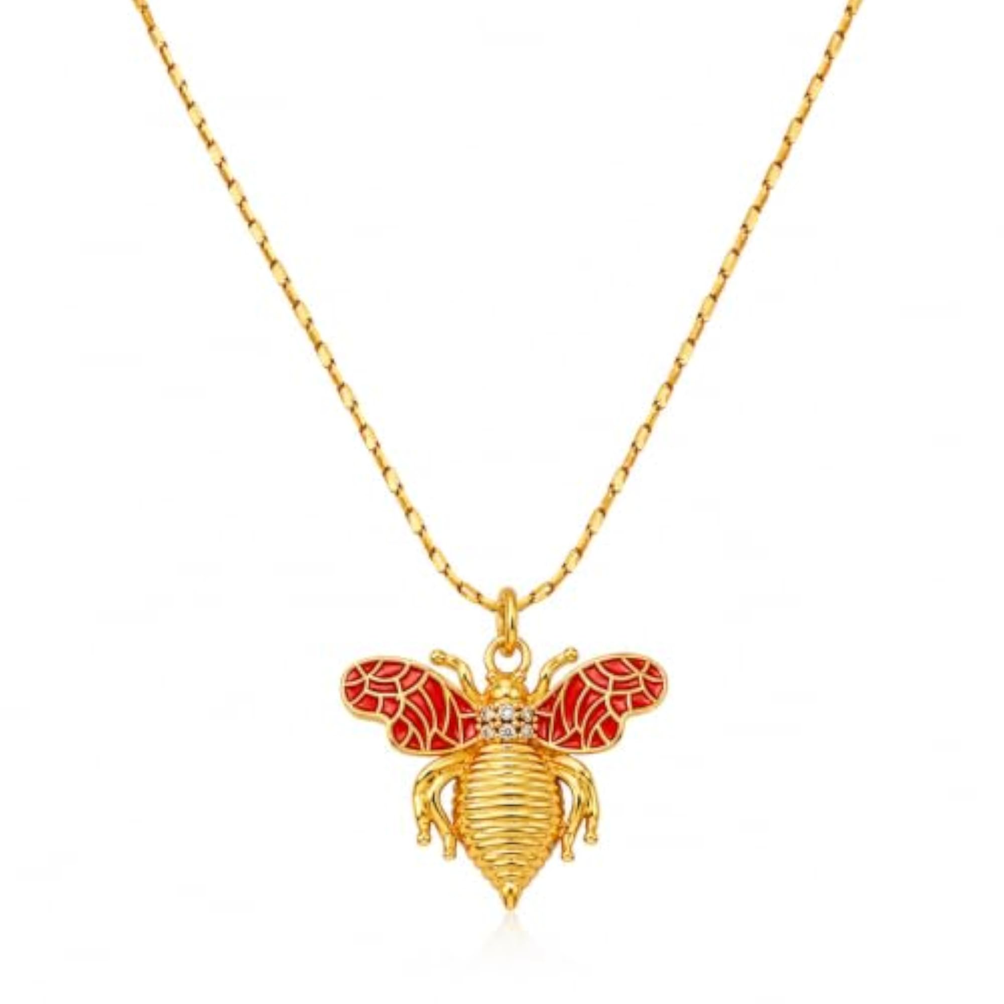 Women's Gold Tone Bee Pendant Necklace with Red Enamel Wings